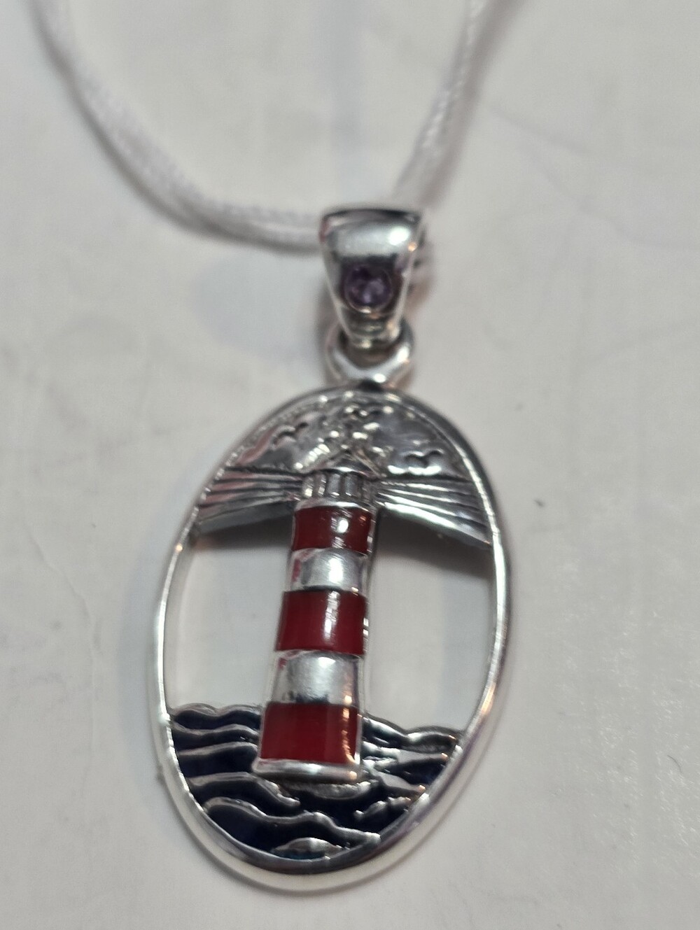 Sterling Silver Red Lighthouse Pendant -Amethyst Stone.